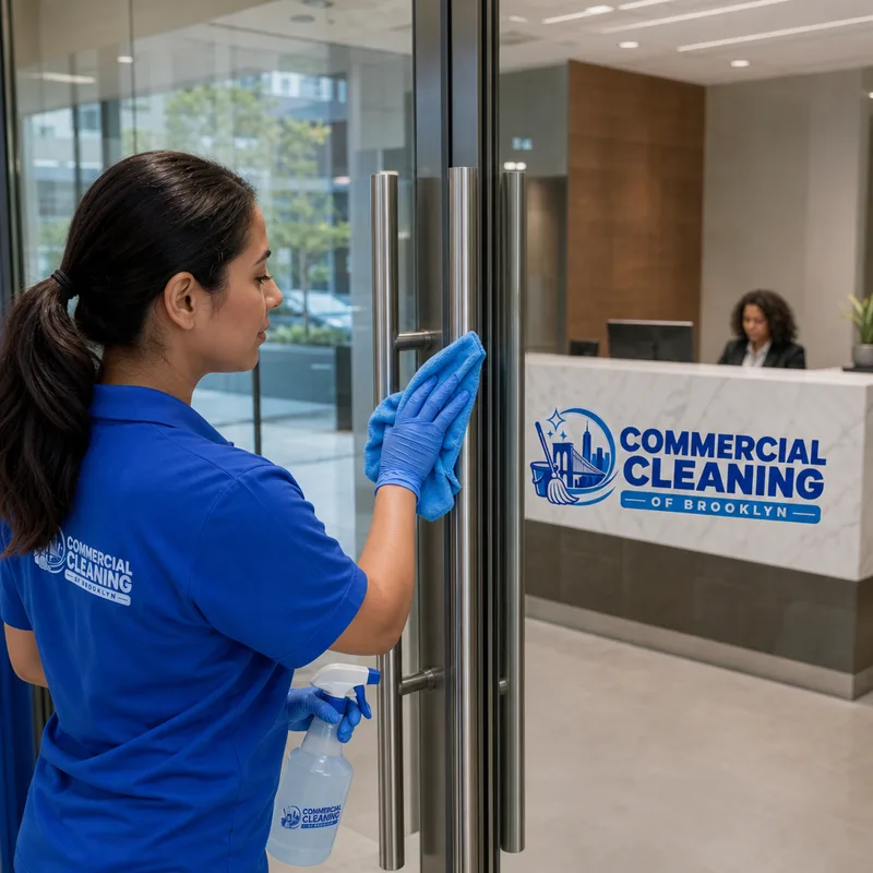 Streak-free glass entry doors and a polished office reception counter