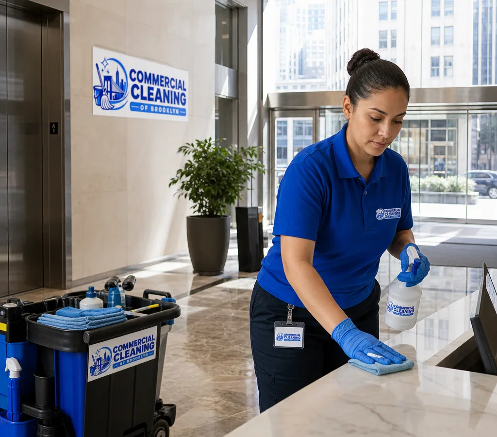Commercial cleaner disinfecting high-touch areas in a modern New York City office lobby