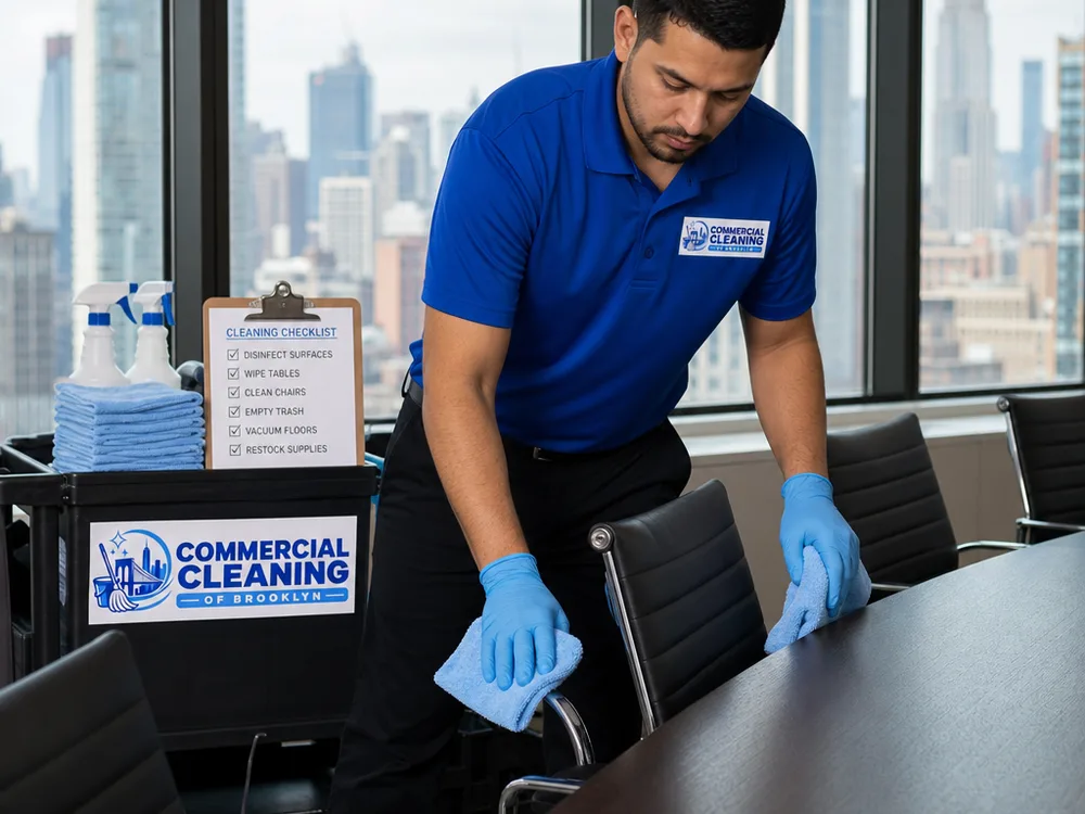 Cleaner disinfecting a conference table and chair arms in a New York City office