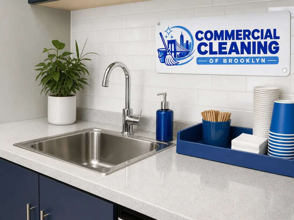 Freshly cleaned office kitchenette counter and sink with polished stainless steel