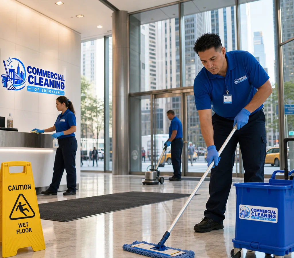 Commercial cleaning crew cleaning a Manhattan office lobby