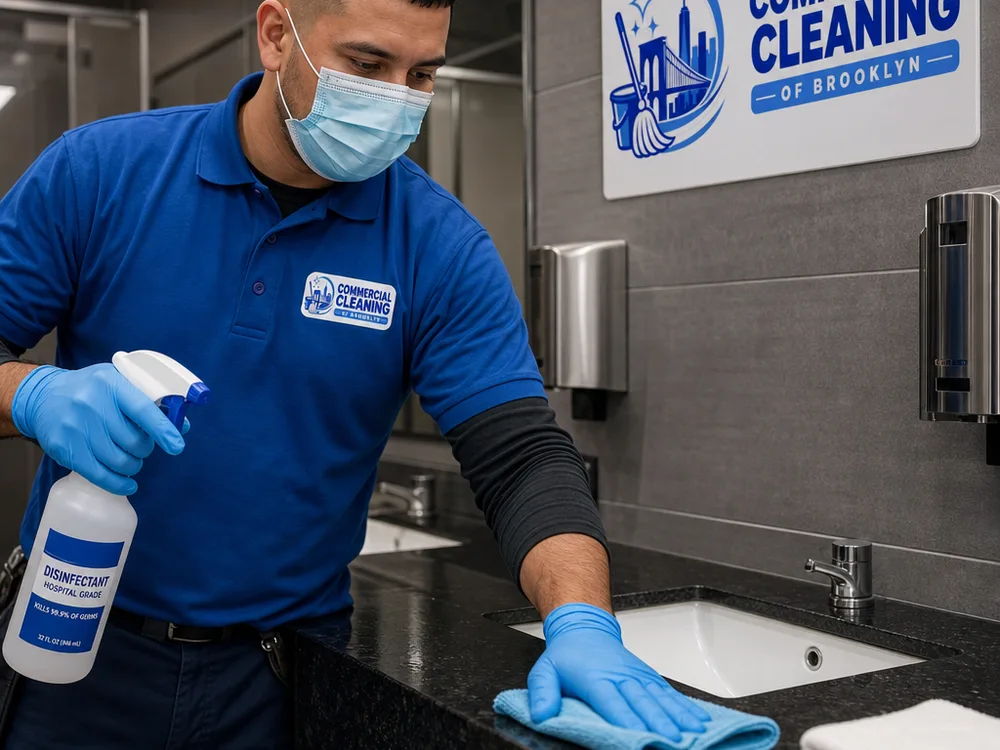 Cleaner disinfecting high-touch surfaces in a commercial restroom
