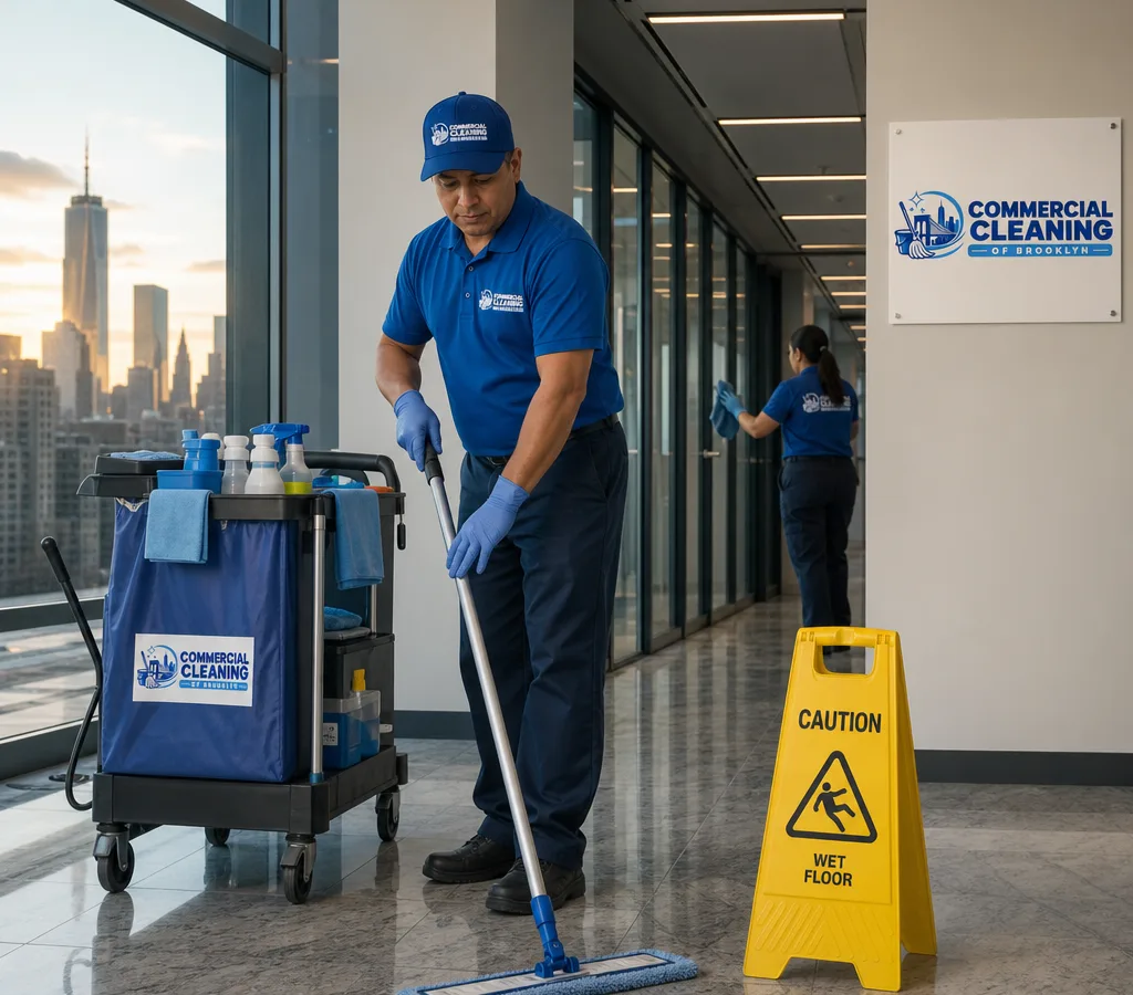 Early-morning janitorial team cleaning a modern New York City office corridor with caution signage, microfiber mops, and a supply cart