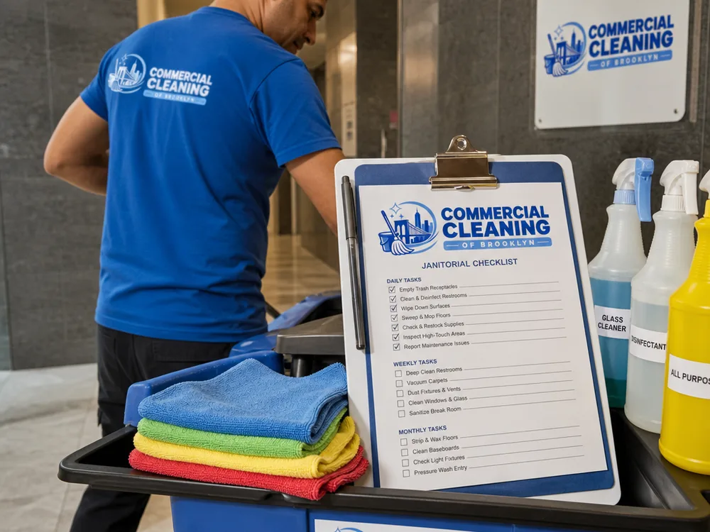 Janitorial checklist beside color-coded microfiber cloths and labeled spray bottles on a cleaning cart in a New York City commercial hallway