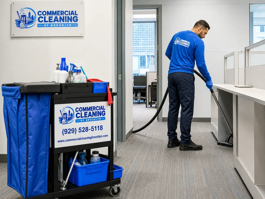 Cleaner vacuuming along office baseboards with a neatly staged cleaning cart nearby